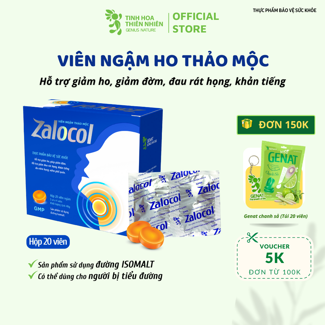 Viên ngậm Ho thảo mộc Zalocol hỗ trợ giảm đau rát họng, khản tiếng do viêm họng, viêm phế quản  - Genat