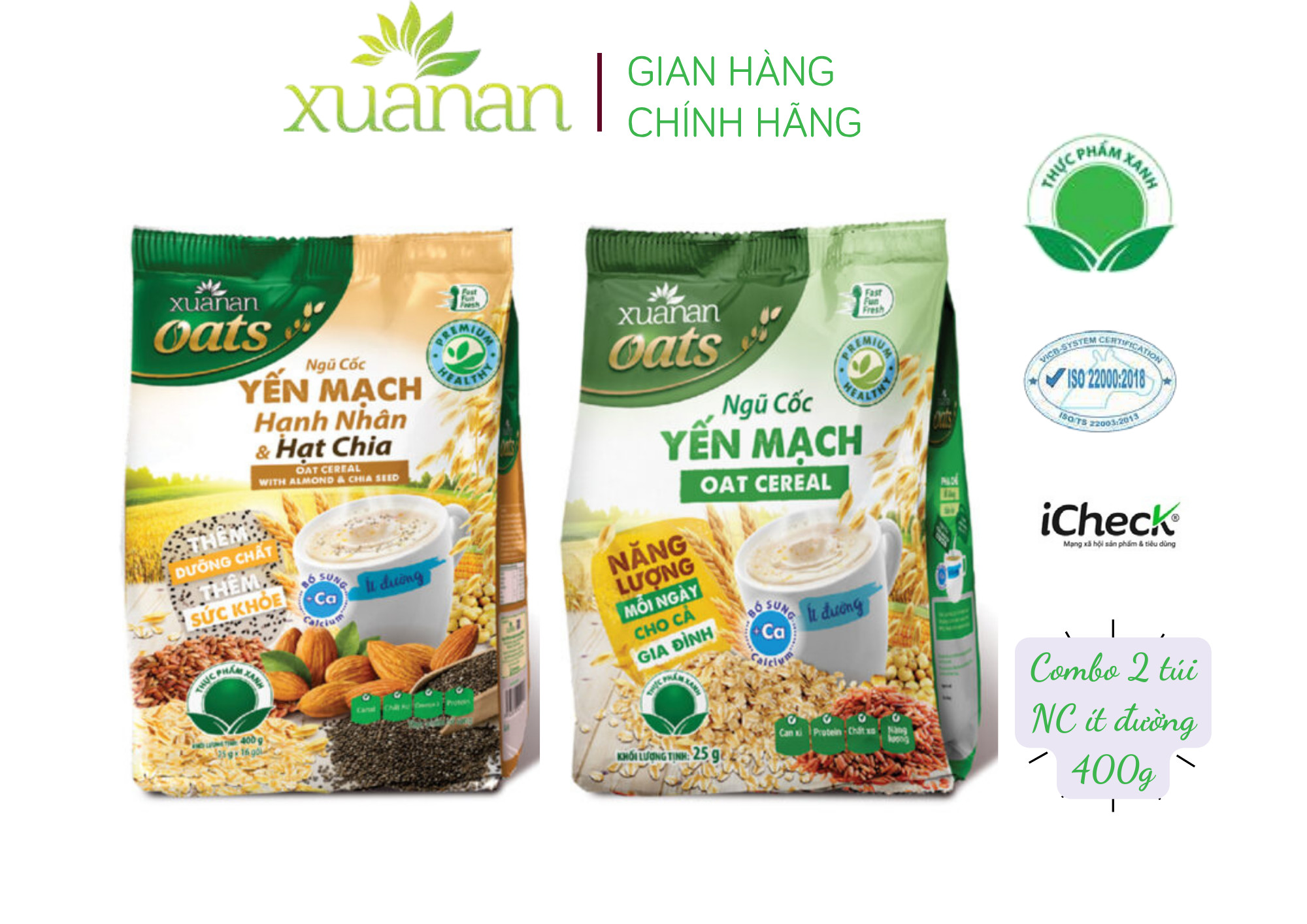 Combo Ngũ Cốc Yến Mạch Hạnh Nhân Hạt Chia 400G + Ngũ Cốc Yến Mạch 400G [ít đường](Tặng Kèm 1 Túi Yến Mạch 150G)