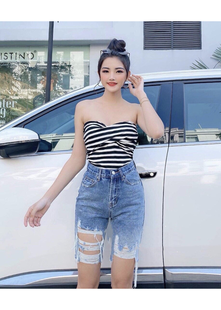 Quần jean ngố / lửng BIG SIZE lưng cao, co dãn mạnh, rách kiểu loang màu rẻ đẹp 3311