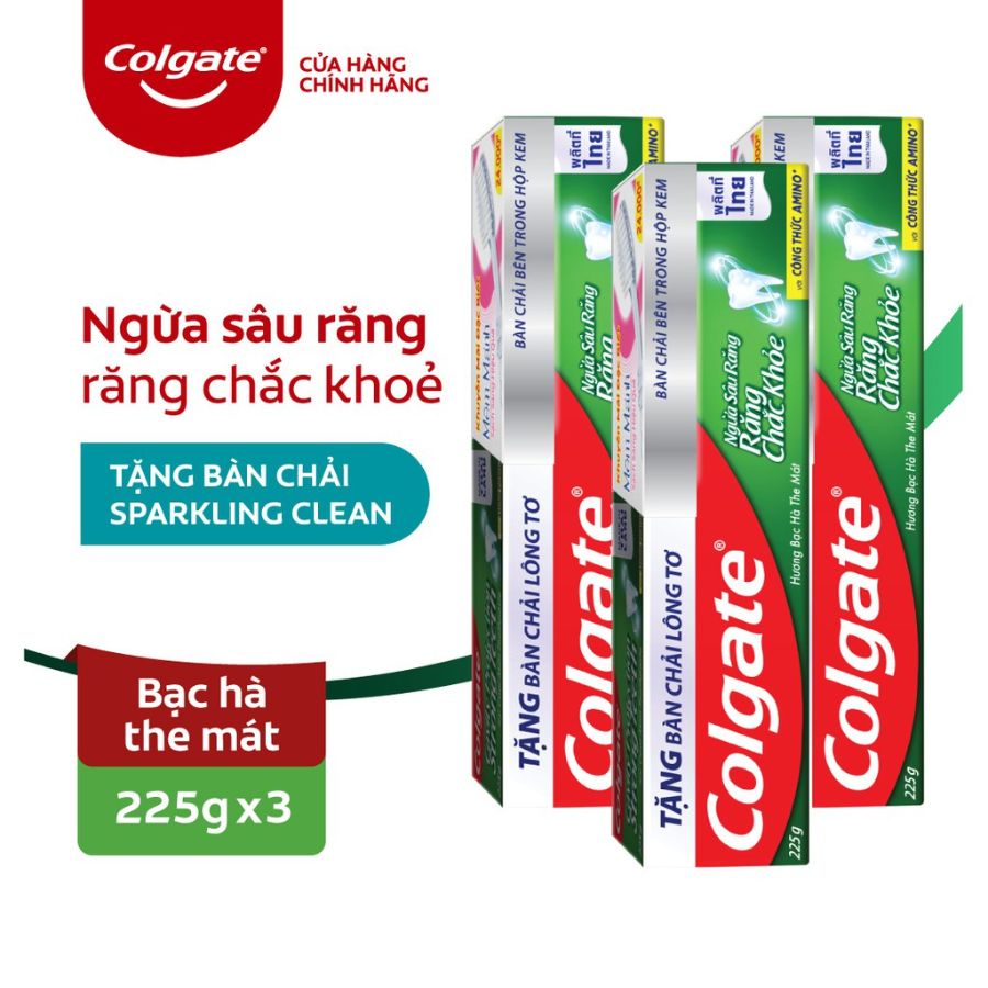 Bộ 3 kem đánh răng Colgate ngừa sâu răng răng chắc khỏe 225g/ tuýp tặng bàn chải lông tơ cao cấp Thái Lan