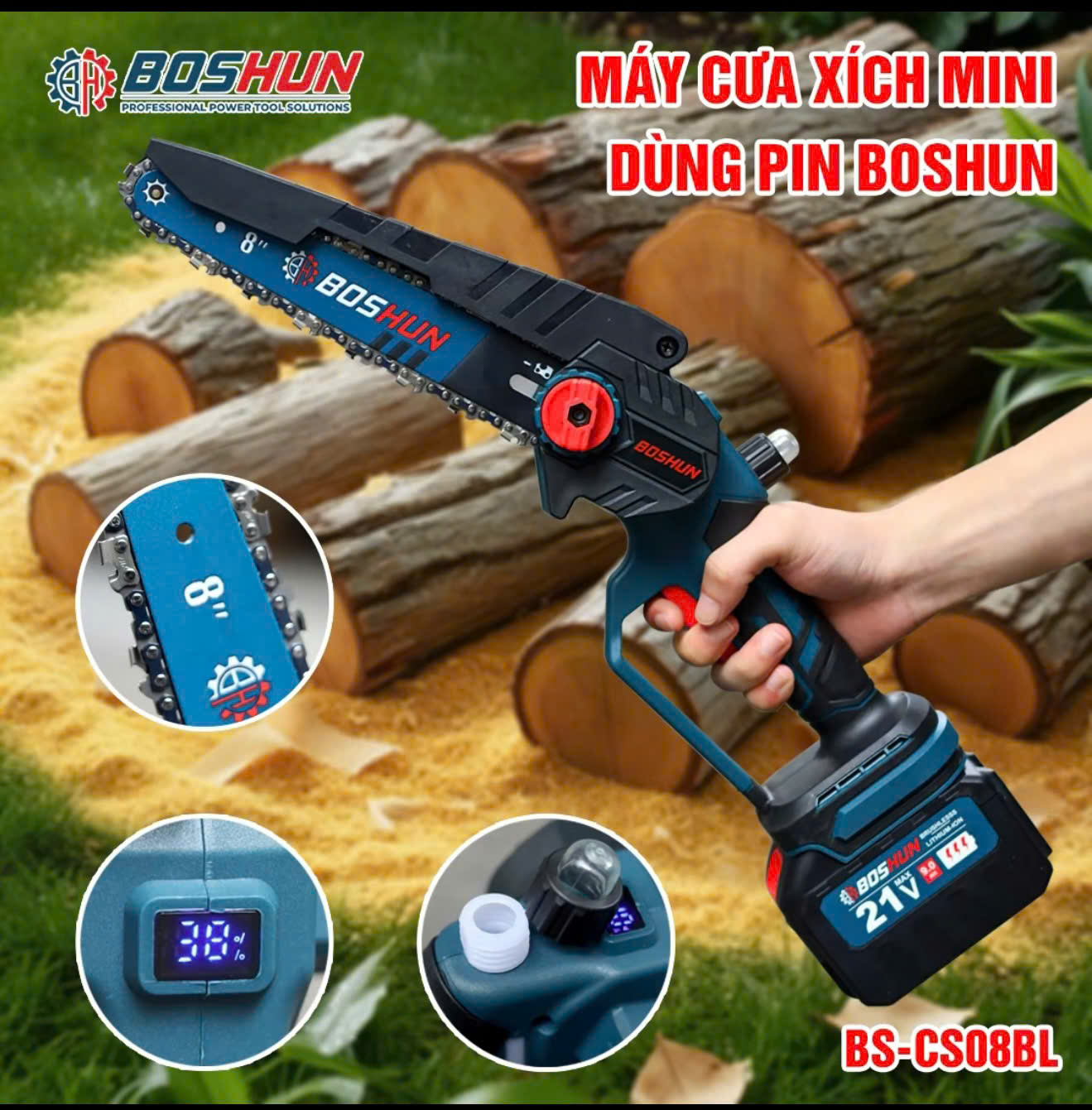 Máy cưa xích pin BOSHUN CS08, Lam xích 8 inch, Pin khủng 15cell, Động cơ Không Chổi Than - Motor ruột đồng  - Hàng Chính Hãg