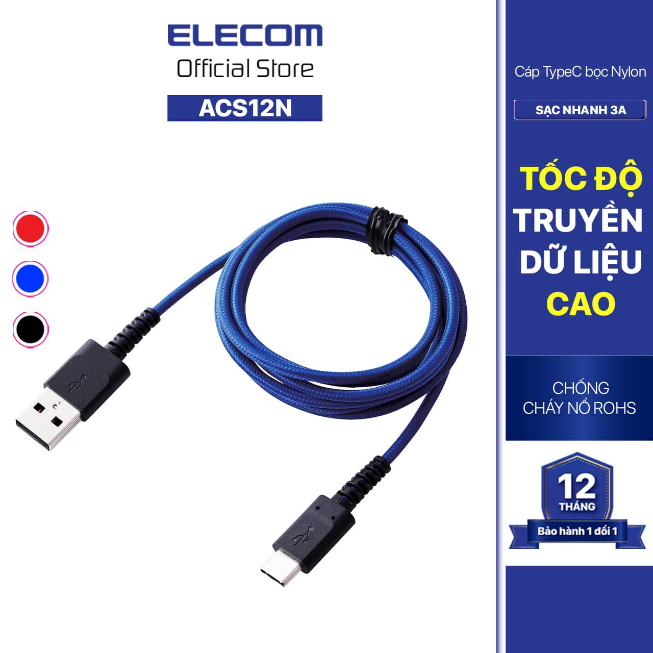 Cáp sạc chuẩn Type-C bọc nylon 1.2M Elecom MPA-ACS12N - Hàng chính hãng