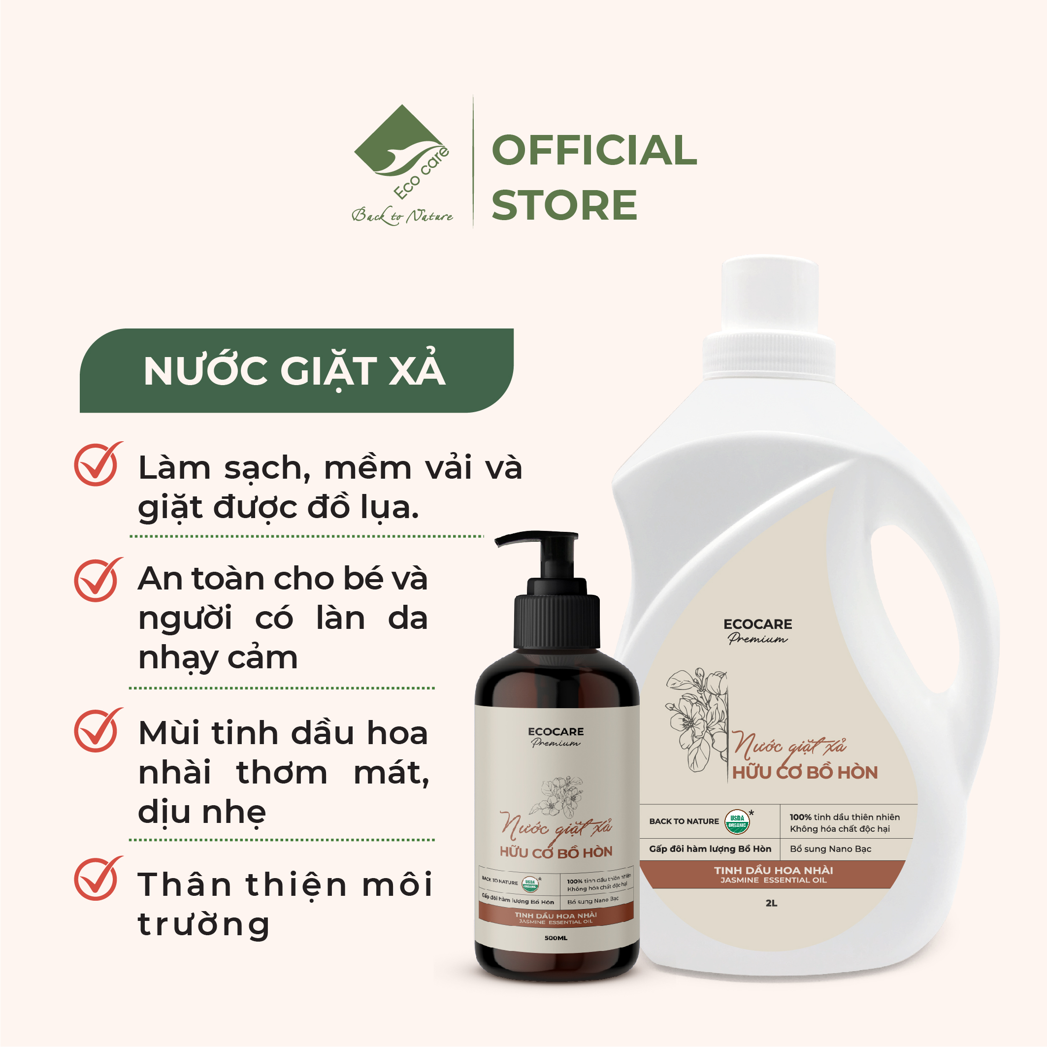 Nước Giặt Hữu Cơ An Toàn Cho Bé Sơ Sinh ECOCARE Chiết Xuất Bồ Hòn Và Tinh Dầu Hoa Nhài 500ml-2L-4L, Dịu Nhẹ Với Da Tay