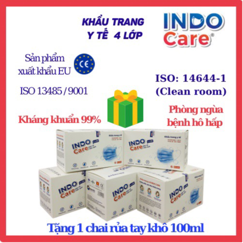 [InDoCare] Combo5 hộp Khẩu Trang Y Tế 4 lớp INDO CARE Kháng khuẩn 99%. Tiêu Chuẩn Châu Âu BS EN 14683-2019. Chống tia UV ngăn ngừa mụn khói bụi hiệu quả (Tặng 1 chai nước rửa tay 100ml).