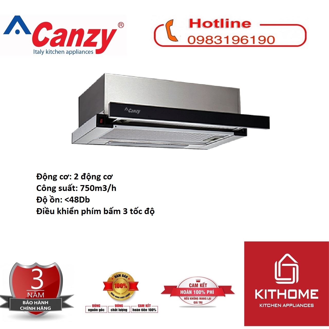 Máy Hút Khói Khử Mùi Âm Tủ Bếp 7 Tấc CANZY CZ-7002G - Hàng Hàng Chính Hãng