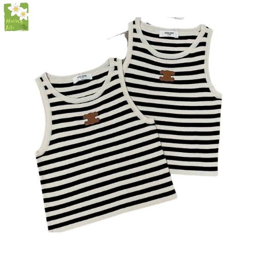Áo ba lỗ len nữ sát nách sọc ngang trắng đen