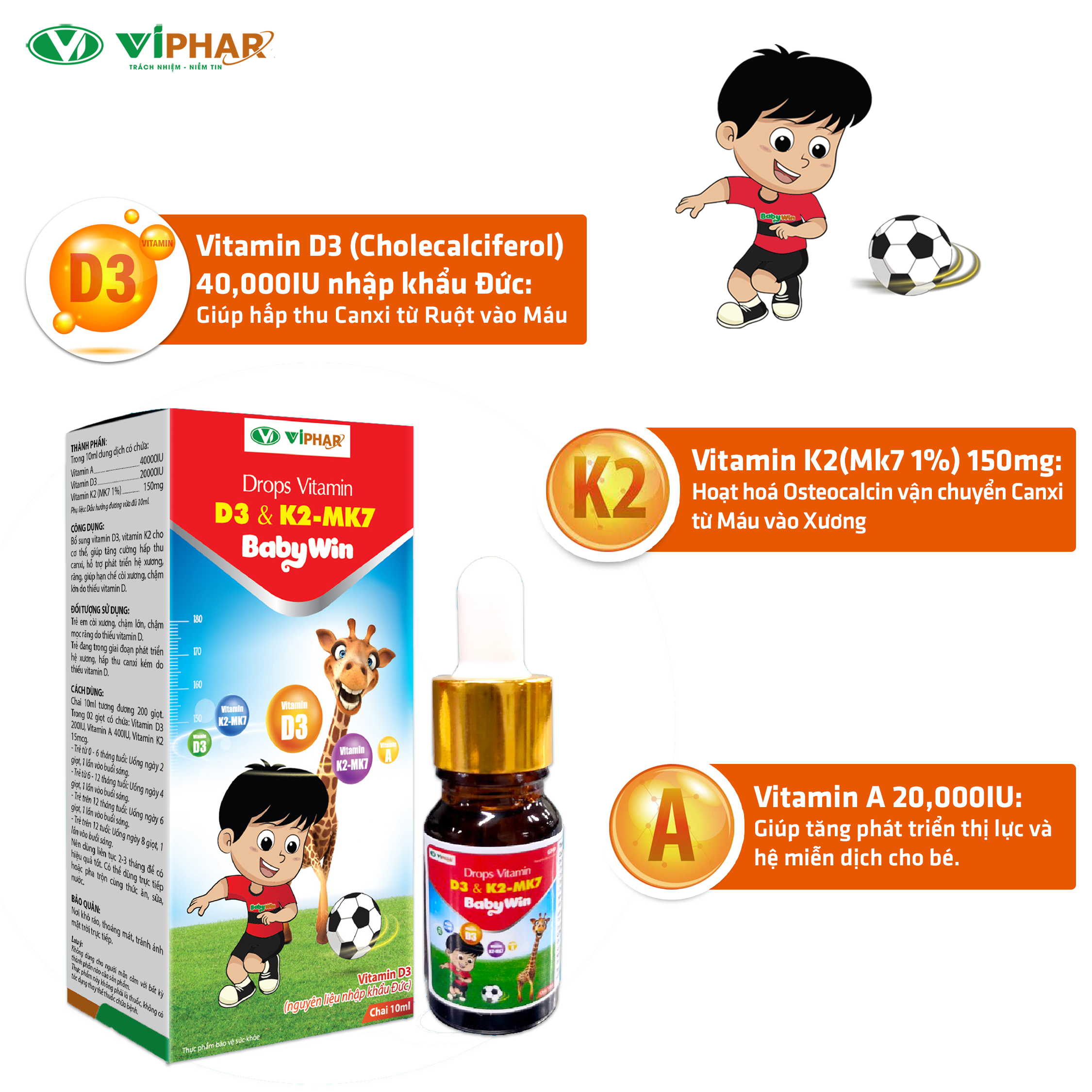 Nhỏ Giọt Vitamin D3 Tăng Hấp Thu Canxi Cho Trẻ Sơ Sinh Drops D3&K2-Mk7 Babywin VIPHAR Chai 10ml