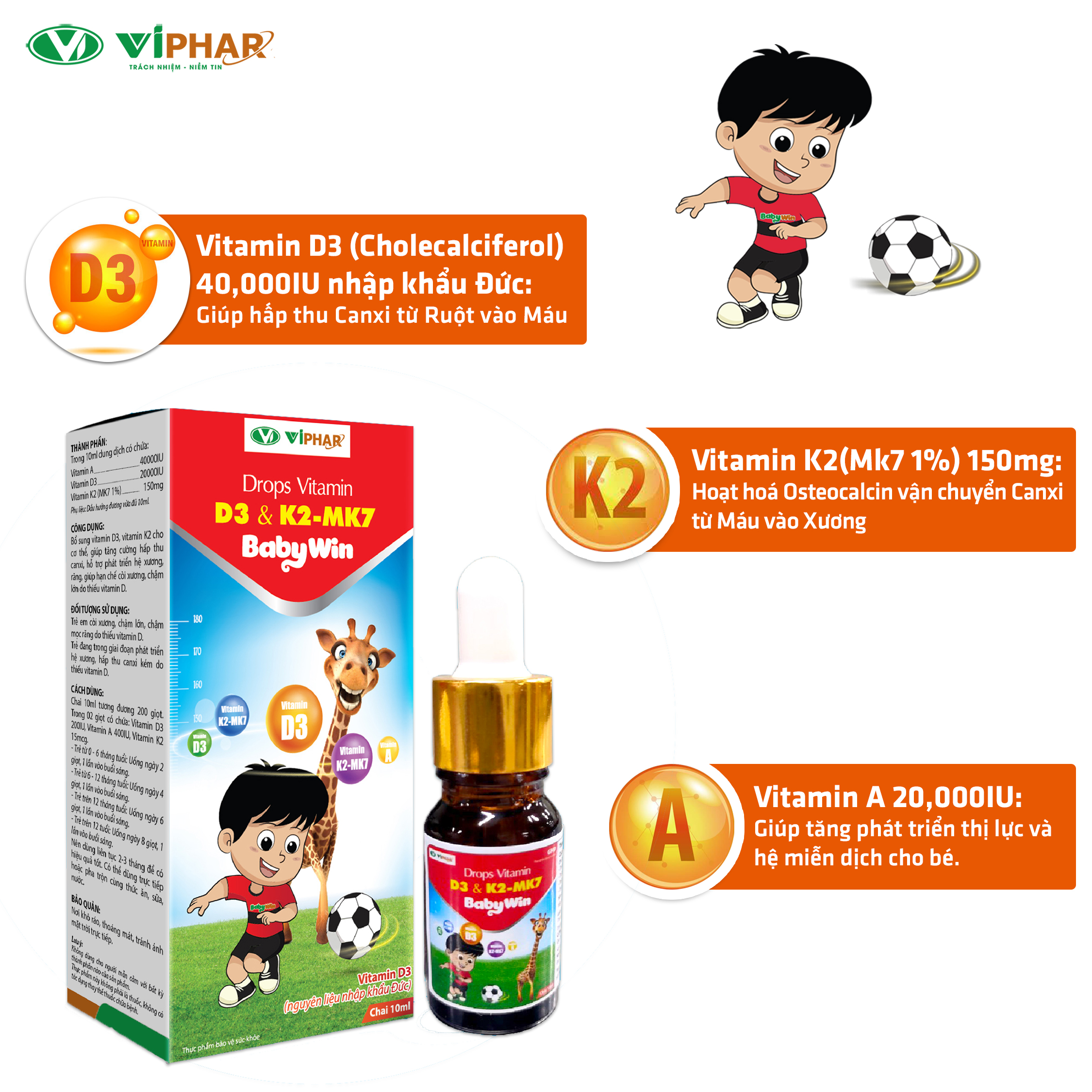 Chai Nhỏ Giọt Vitamin D3 Giúp Hấp Thu Canxi Tối Đa Cho Bé Từ 0 Tháng Tuổi Drops Vitmin D3&K2-Mk7 Babywin VIPHAR Chai 10Ml 200 Giọt