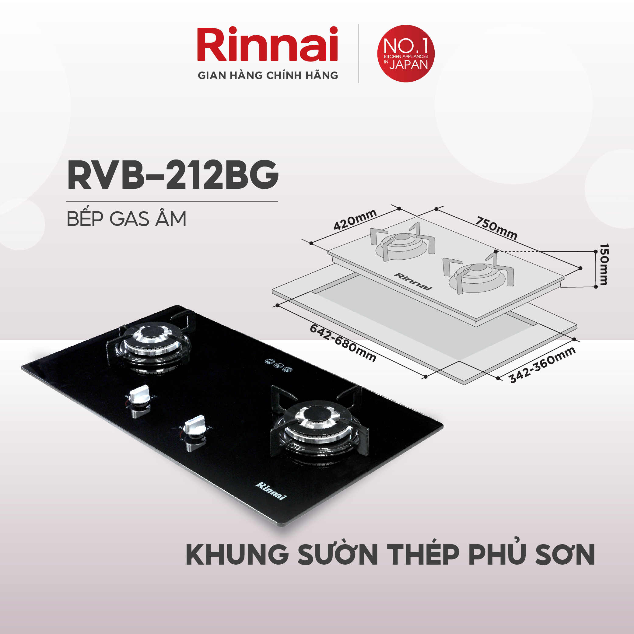 Bếp gas âm Rinnai Rinnai RVB-212BG mặt bếp kính và kiềng bếp men - Hàng chính hãng.