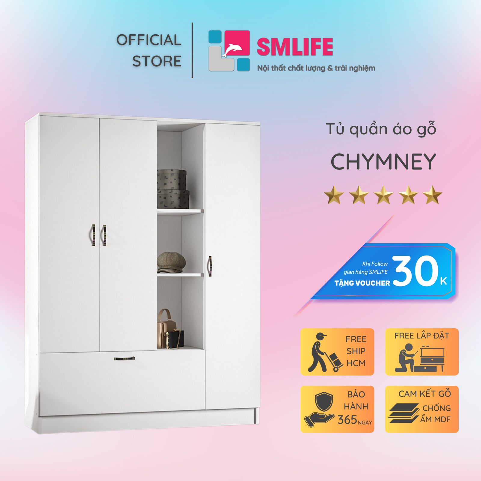 Tủ quần áo hiện đại kiểu dáng đẹp SMLIFE Chymney