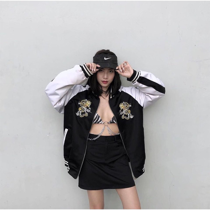 Áo Khoác Gió BOMBER thêu hình rồng DRAGON Unisex nam nữ form thụng trẻ trung và năng động