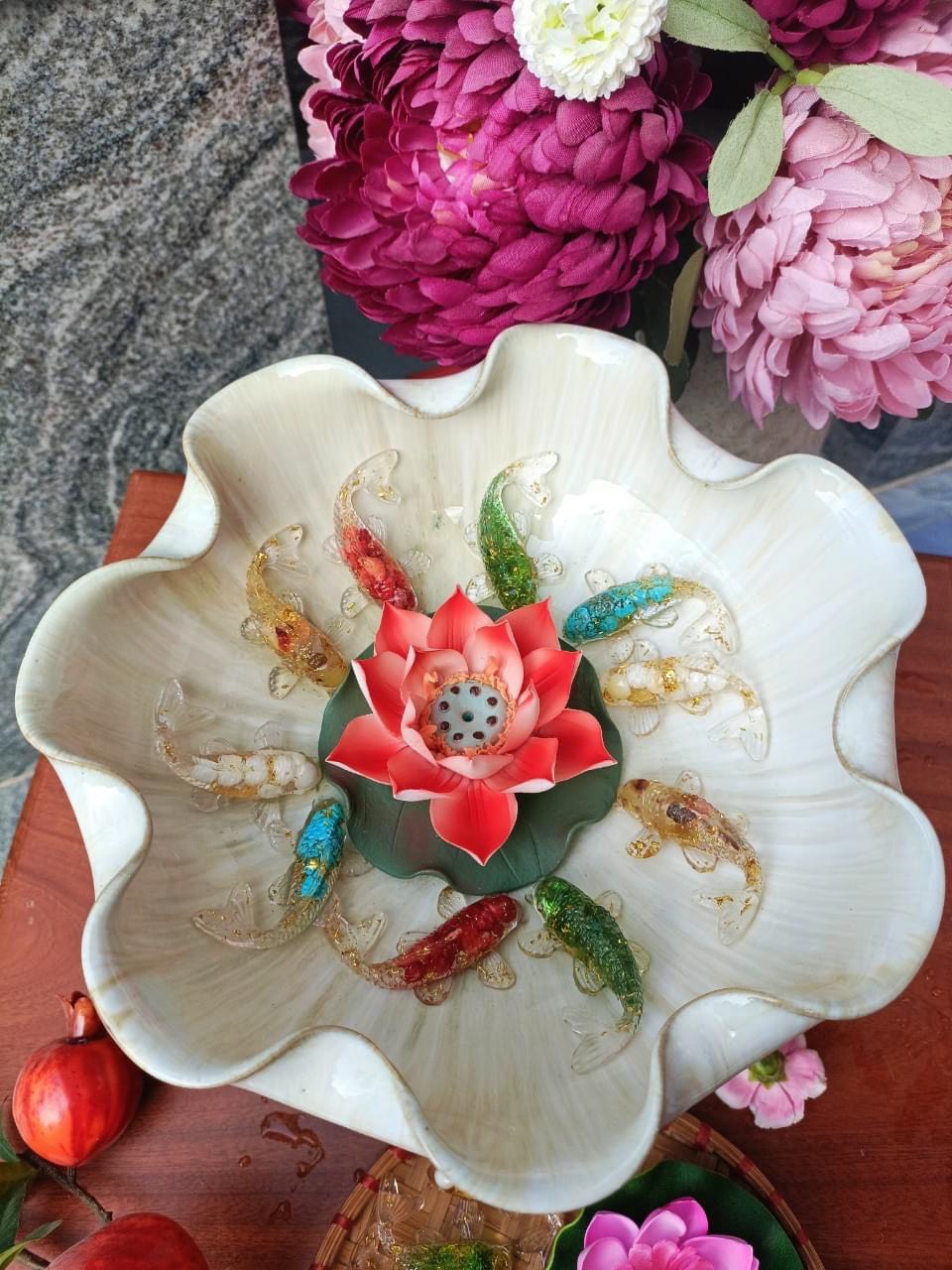 Set 5 con cá Koi phong thuỷ chất liệu vụn đá thạch anh đúc nhựa cứng cao cấp