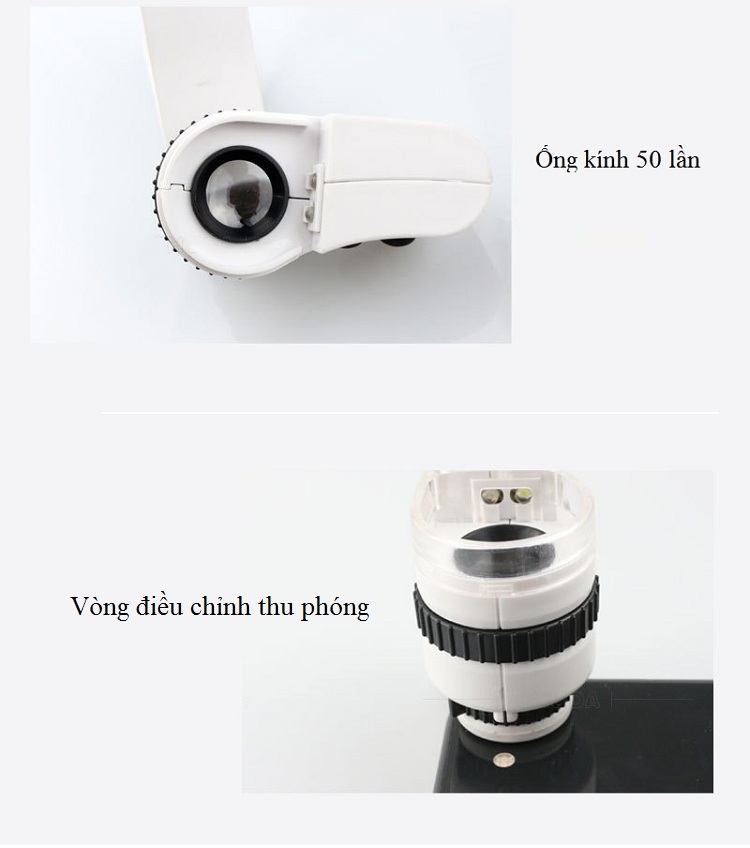 Kính lúp mini 50X kẹp điện thoại tích hợp LED trắng và LED tím
