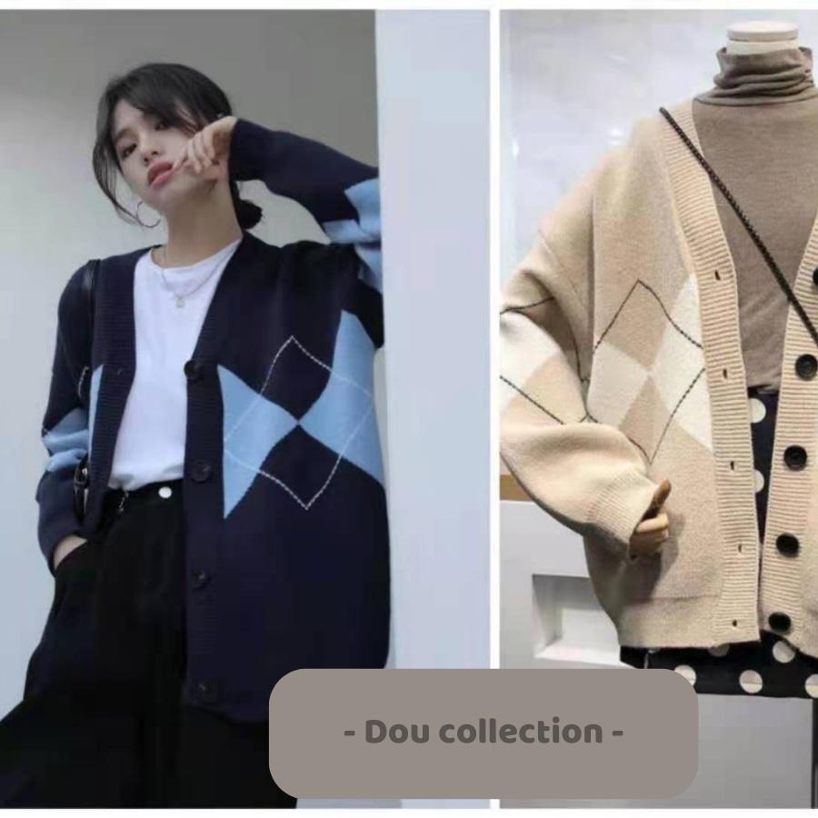 Áo Khoác Cardigan Form Rộng Họa Tiết Hình Thoi, Áo Khoác Len Thời Trang Thu Đông - Dou Collection - Mã TA024