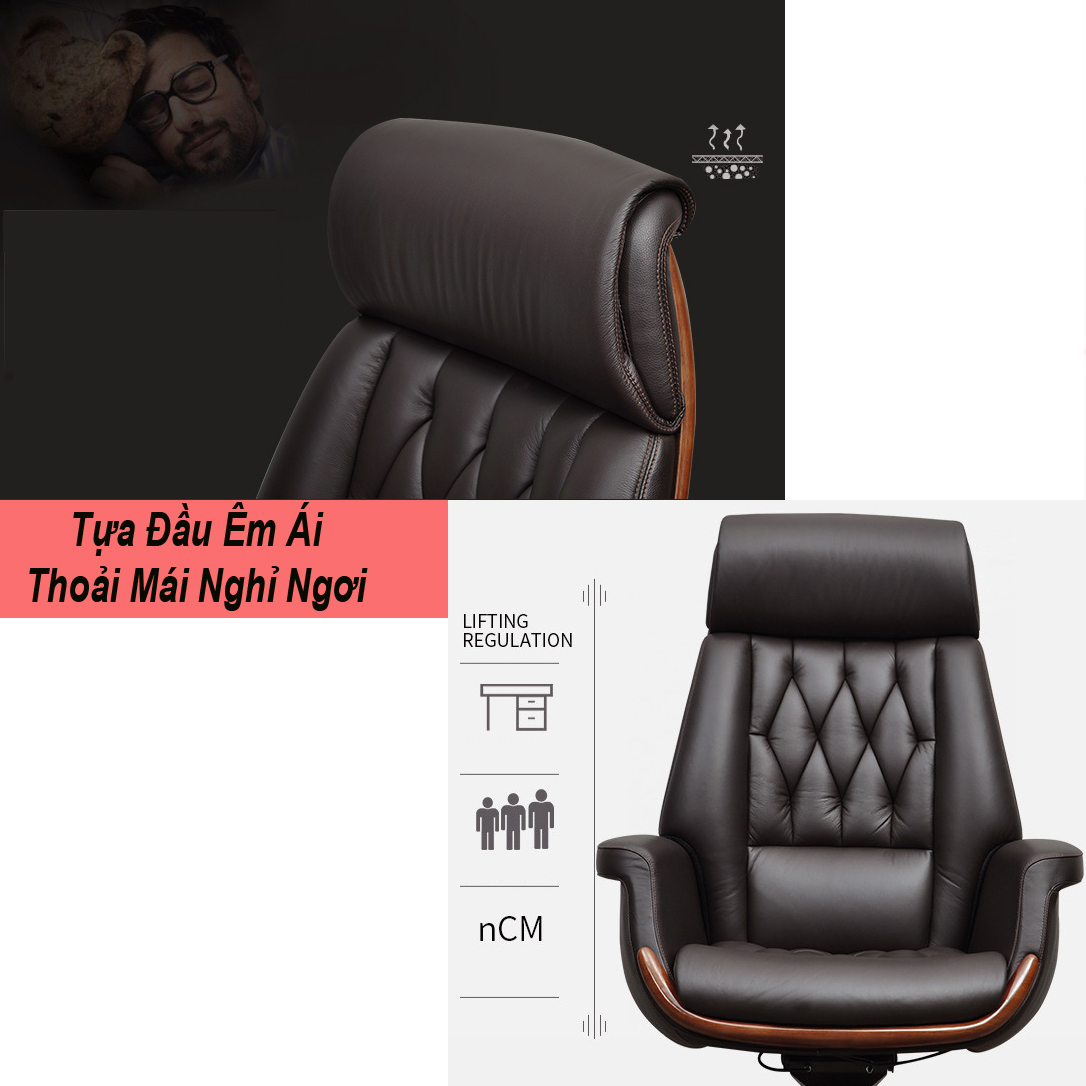 Ghế Văn Phòng Dành Cho Sếp Da Tự Nhiên, Lưng Cao, Có Ngã Lưng Thư Giãn AZP-L989-NÂU