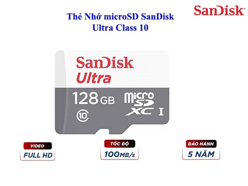 Thẻ nhớ Micro SD SanDisk Ultra 128G/64G/32G UHS-I - 100MB/s, Thẻ nhớ camera, Thẻ nhớ điện thoại - hàng chính hãng