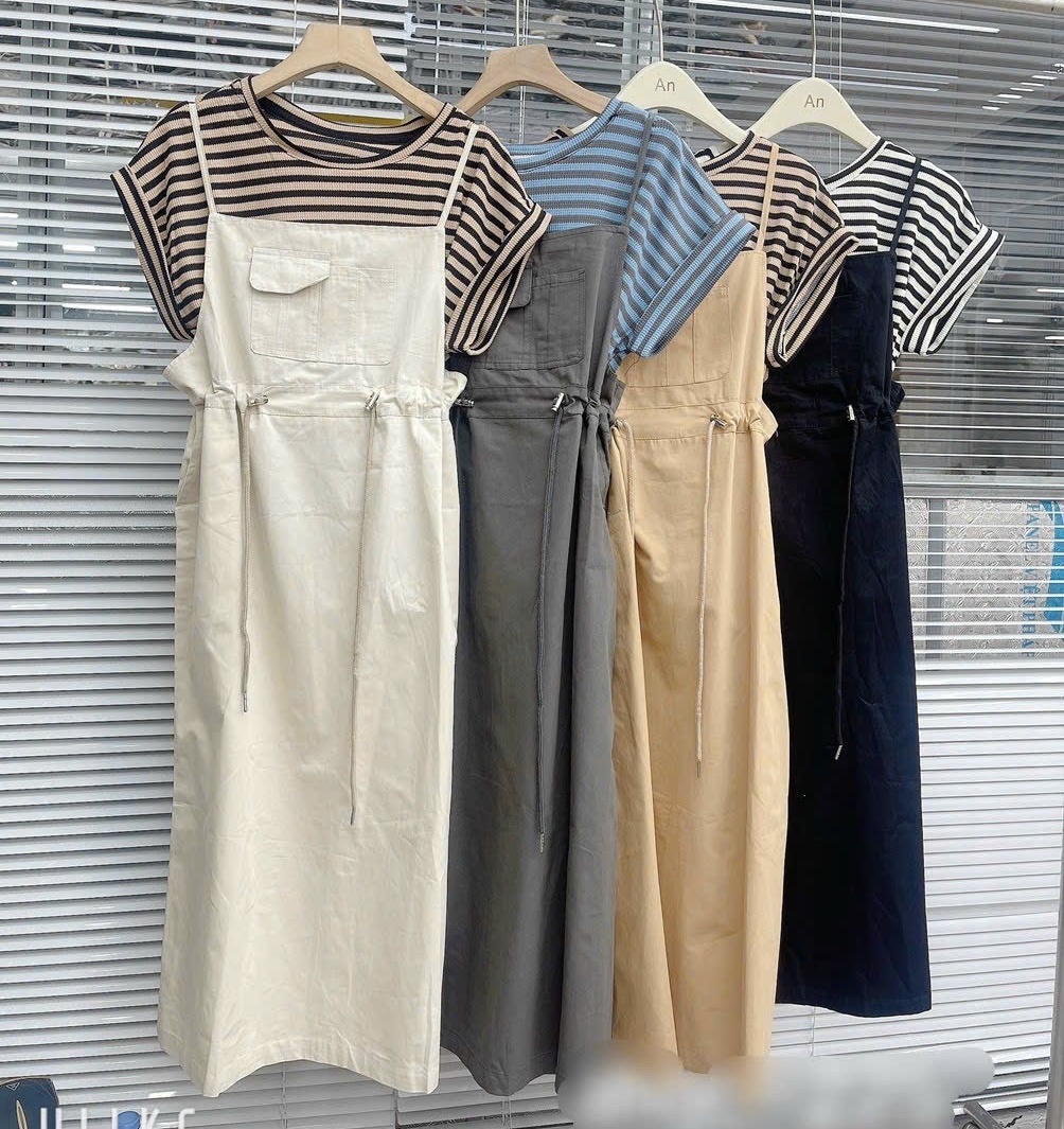 ĐẦM MIDI SUÔNG 2 DÂY YẾM DÀI TRƠN DÂY RÚT EO + ÁO THUN SỌC TAY NGẮN ĐI CHƠI ĐI BIỂN DẠO PHỐ ĐI HỌC LÀM CÔNG SỞ