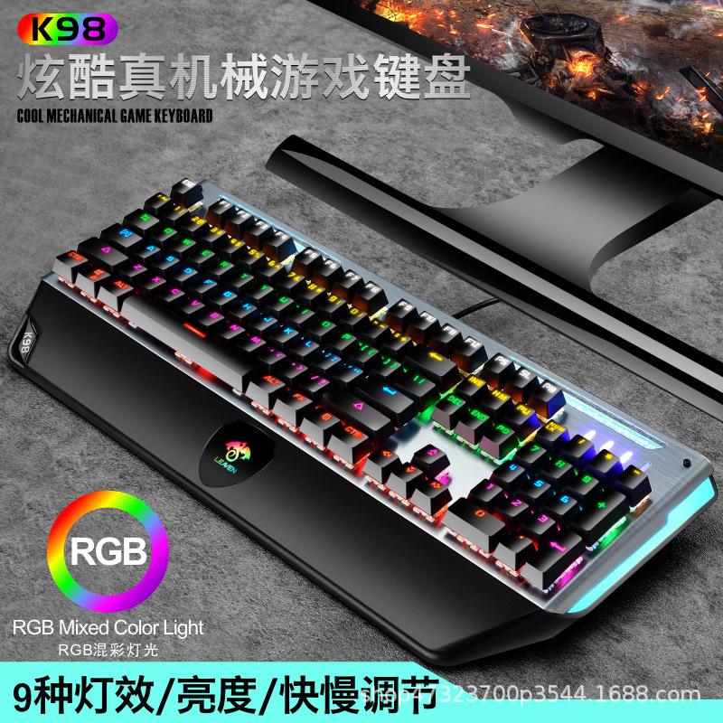 Phong cách mới nhất RGB hiệu ứng ánh sáng dạ quang bảng kim loại bàn phím cơ thực sự trục màu xanh lá cây có tựa tay trò chơi thể thao điện tử Quán cà phê Internet không có bàn phím đục lỗ