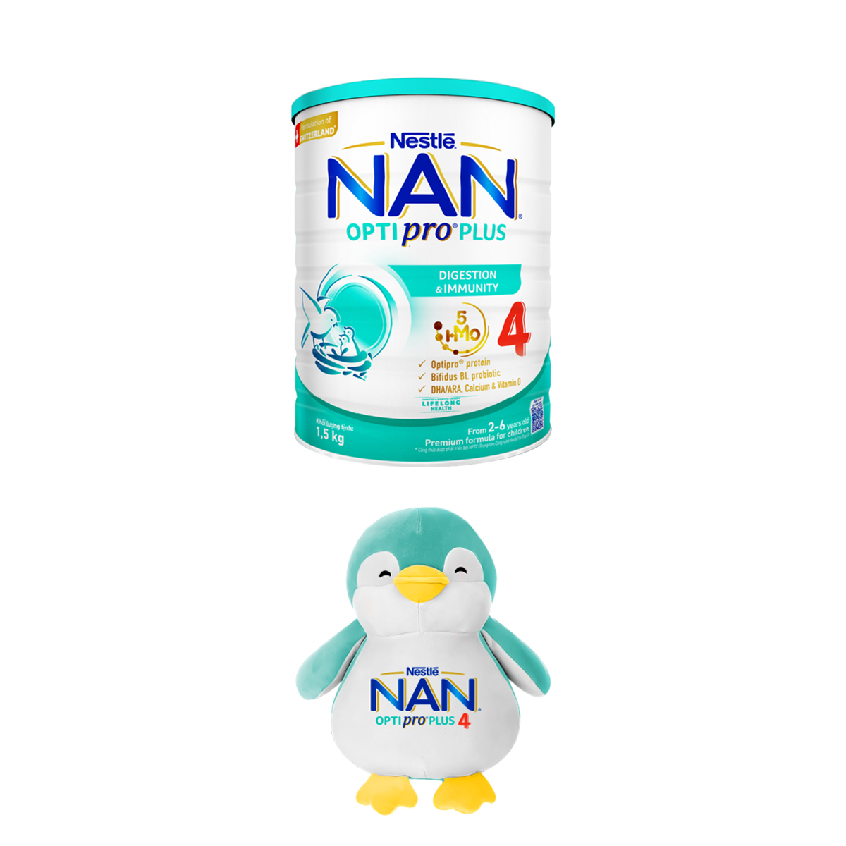 [Tặng Gấu bông cánh cụt] Sữa bột NAN OPTIPRO PLUS 4 Nestle Bé 2-6 tuổi 1500g/lon Giúp tiêu hóa tốt