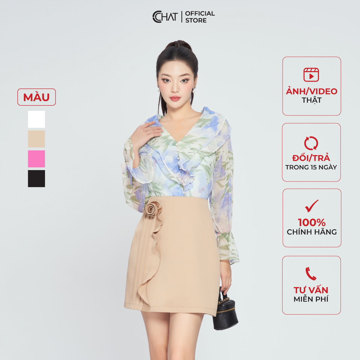 Chân Váy Dáng Ngắn Chữ A Cuốn Hoa Chất Tuytsi Cao Cấp 13CNS2006AT