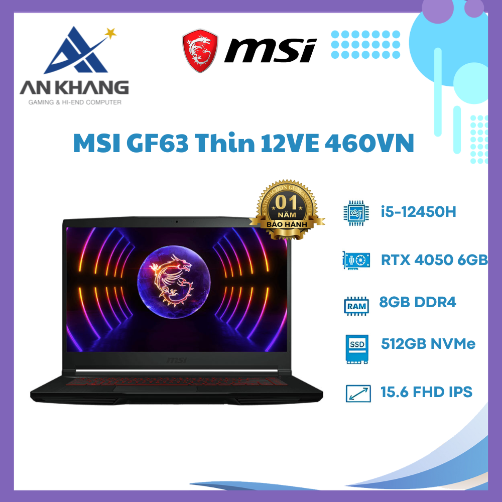 Laptop MSI Thin GF63 12VE 460VN (Core i5-12450H | 8GB | 512GB | RTX 4050 | 15.6 inch FHD 144Hz | Win 11 | Đen) - Hàng Chính Hãng - Bảo Hành 12 Tháng