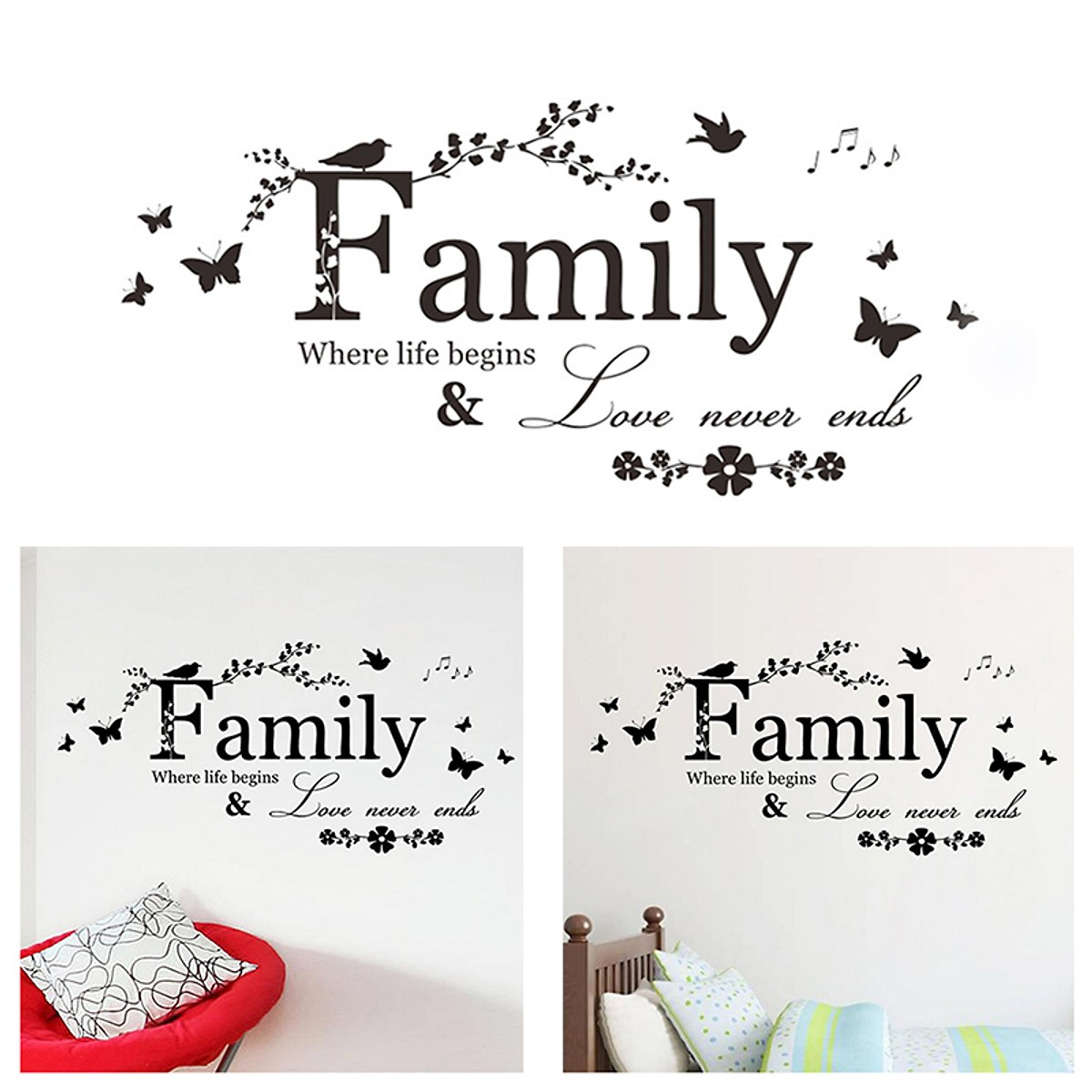 Decal dán tường chữ FAMILY WHERE LIFE BEGINS AND LOVE NEVER ENDS