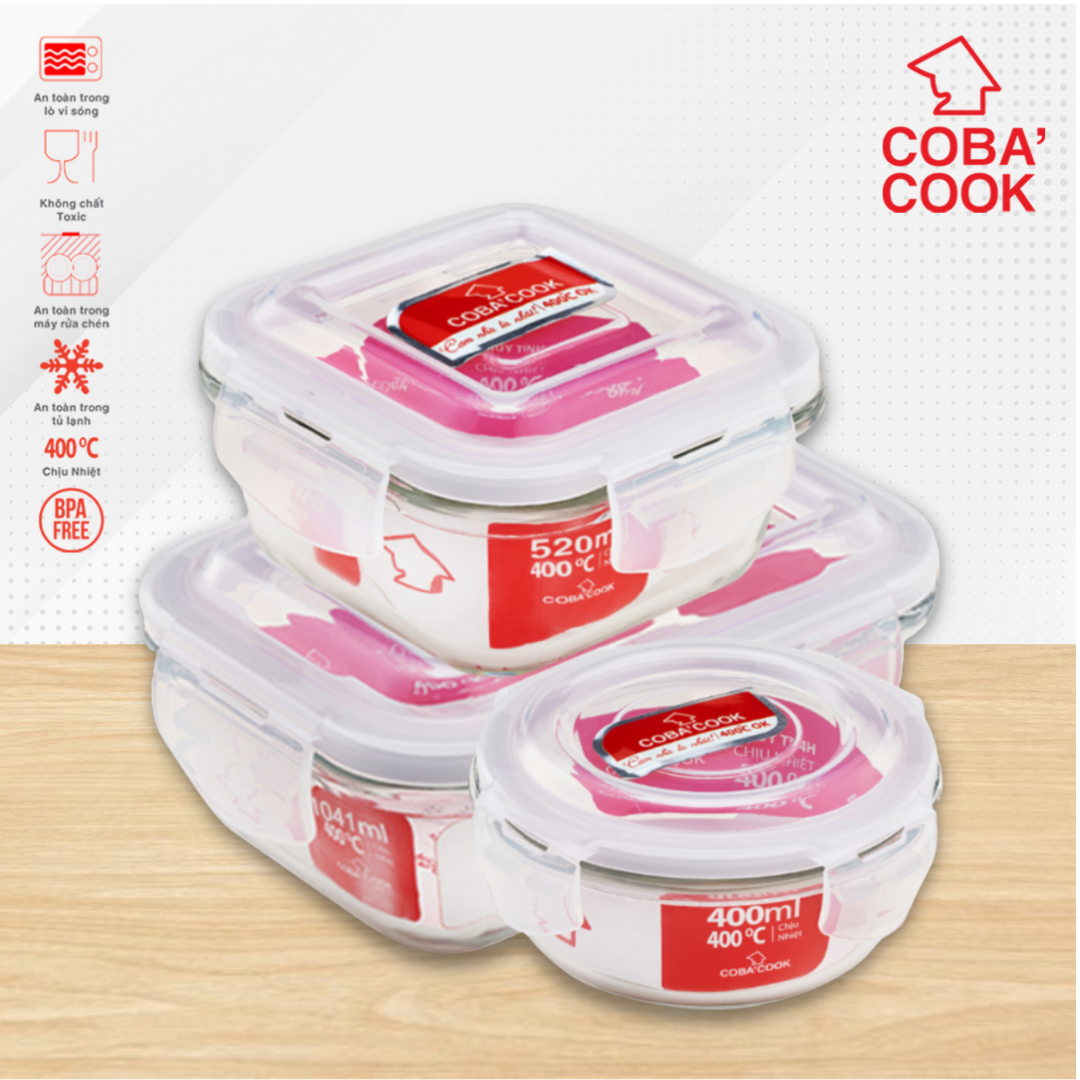 Bộ 3 hộp thủy tinh trữ thực phẩm chịu nhiệt chữ nhật 1041ml vuông 530ml tròn 400ml COBA'COOK-CCR4S5L13