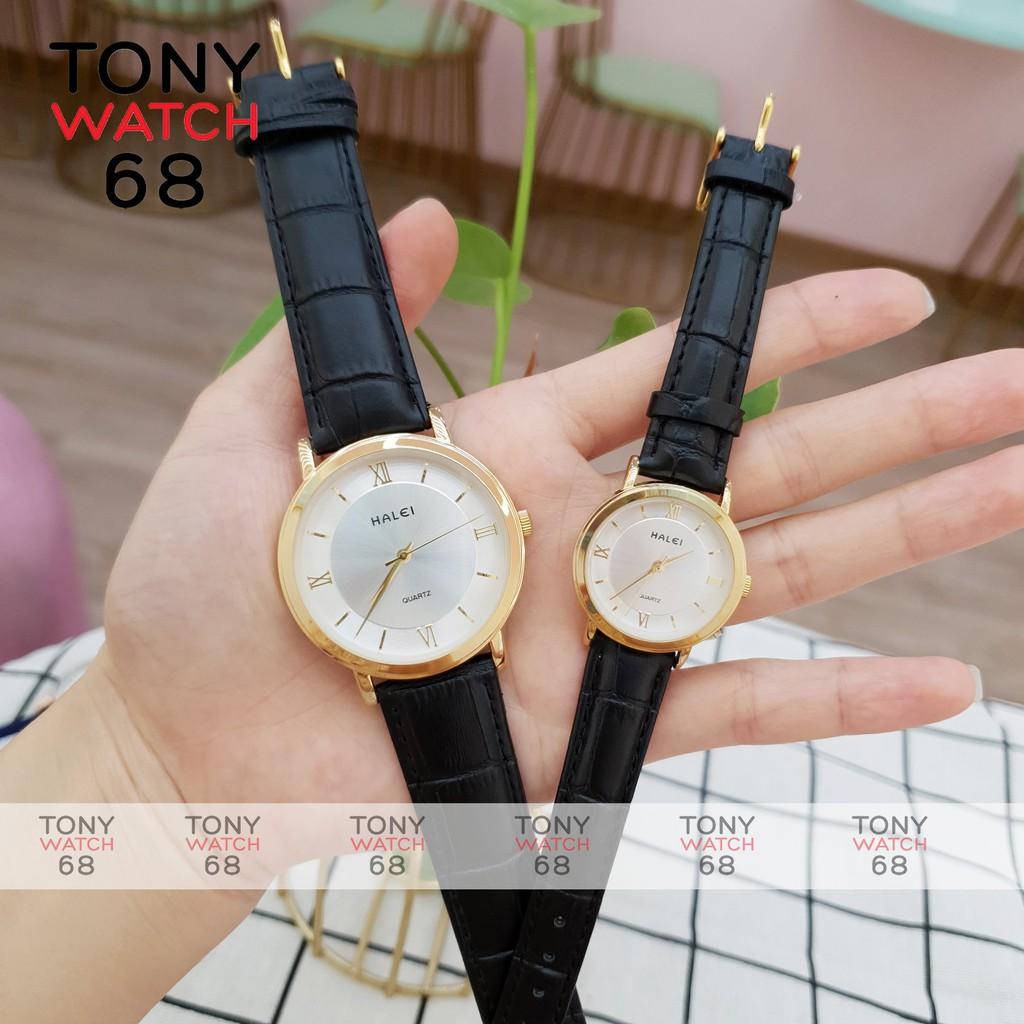 Đồng Hồ Nam Dây Da Nâu Mặt Trắng Viền Vàng Halei Chính Hãng Tony Watch 68