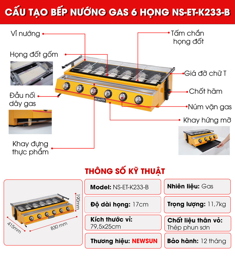 Bếp nướng gas 6 họng NS-ET-K233-B NEWSUN - Hàng chính háng