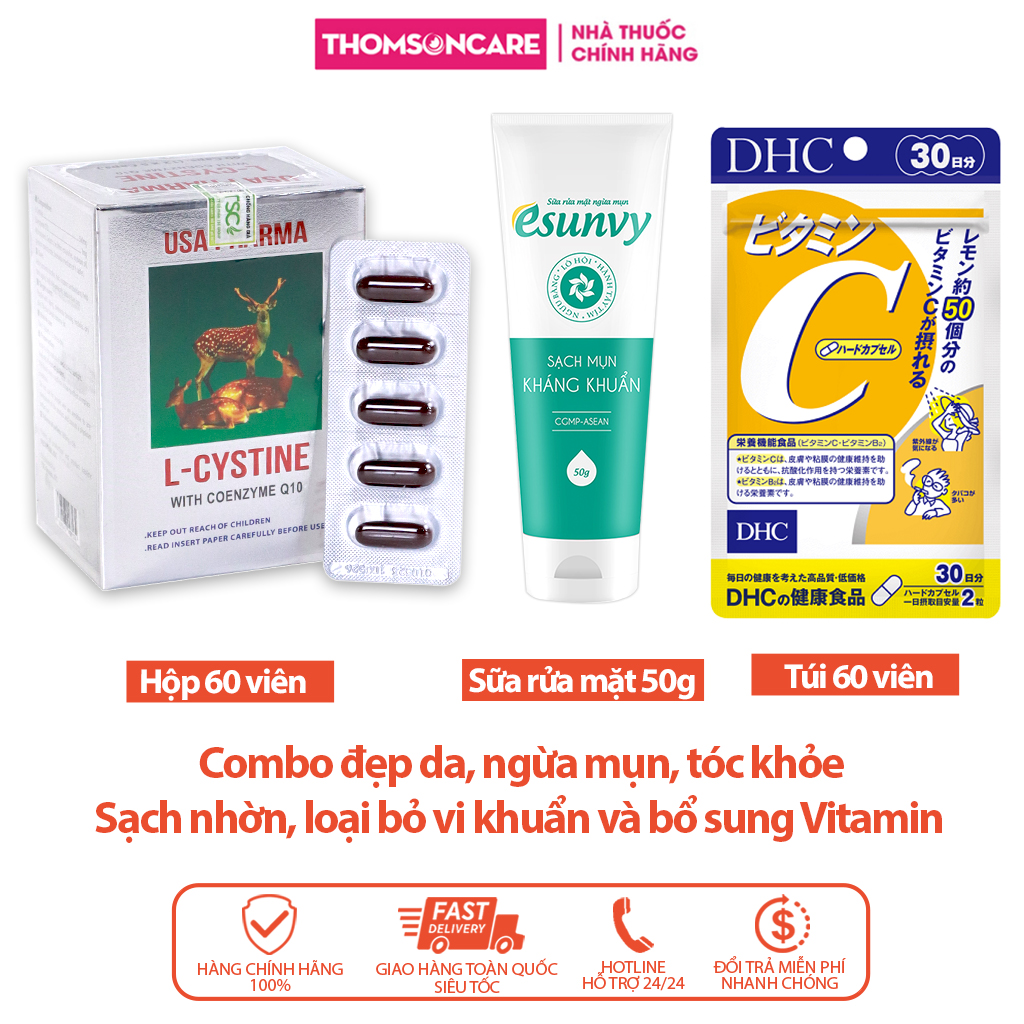 Combo Viên uống trắng da, tóc khỏe Lcystine 60v, DHC Vitamin C 60v, sữa rửa mặt Esunvy 50g giảm bã nhờn -Giúp tóc da trắng khỏe, chống lão hóa, chăm sóc phục hồi do mụn và loại bỏ vi khuẩn Thomsoncare
