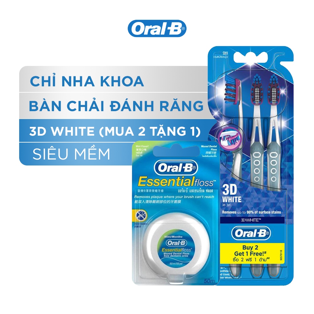 Combo Chăm Sóc Răng Miệng Toàn Diện (Vỉ 3 Bàn Chải Đánh Răng Oral-B 3D White Trắng Sáng (Mua 2 Tặng 1) + Chỉ Nha Khoa Oral-B Essential Mint (Hộp 50m)