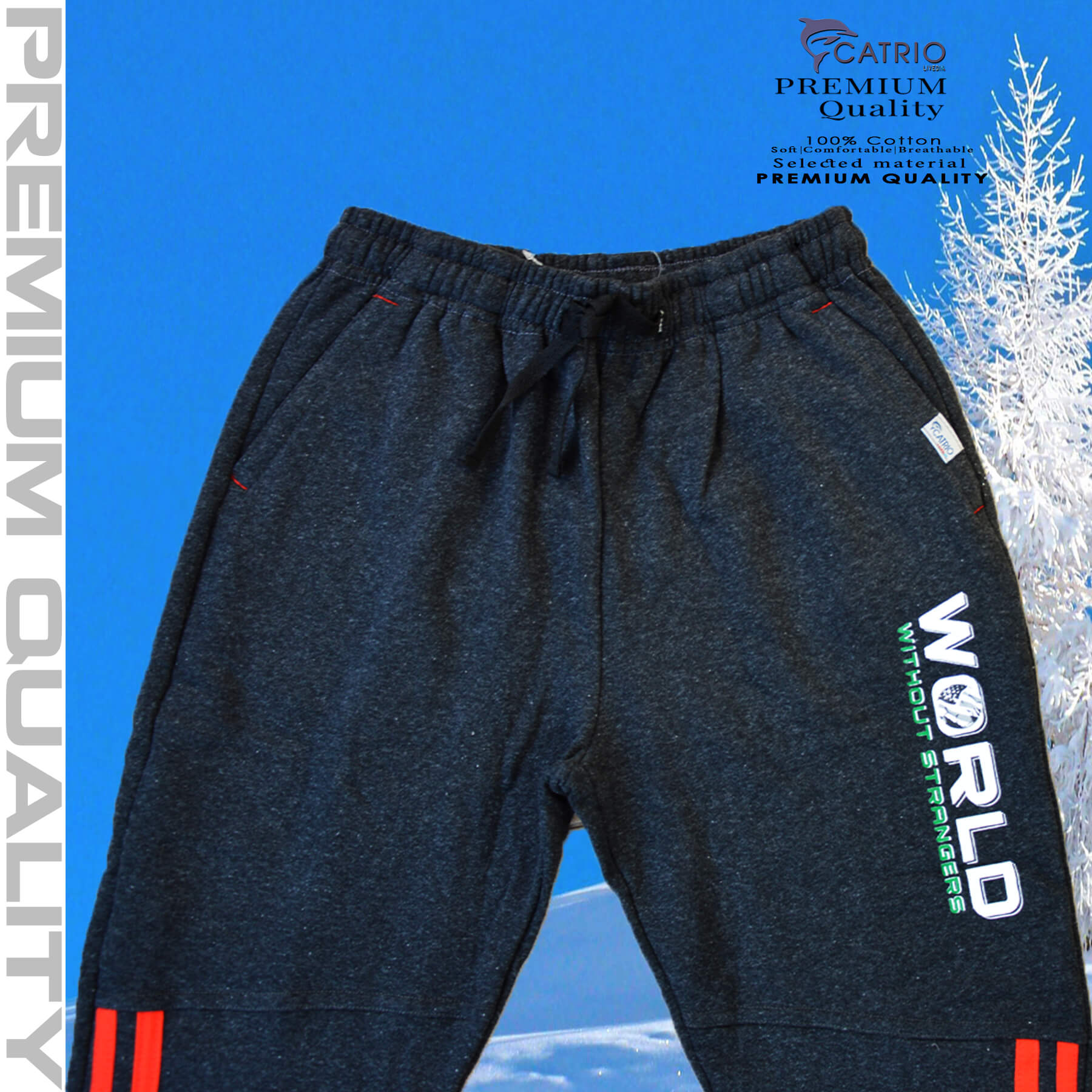 Quần dài bé trai vải 100% cotton in WORLD màu LÔNG CHUỘT là quần nỉ trẻ em CATRIO từ 9 tuổi đến 18 tuổi phù hợp thời tiết se lạnh mùa thu đông với kiểu dáng thể thao tuyệt đẹp