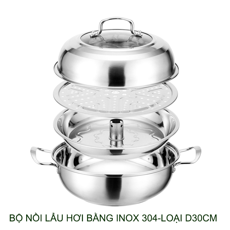 Bộ nồi lẩu hơi, nồi hấp đa năng làm bằng inox 304, loại D30-32cm tùy chọn, đáy 3 lớp dùng được cho bếp từ