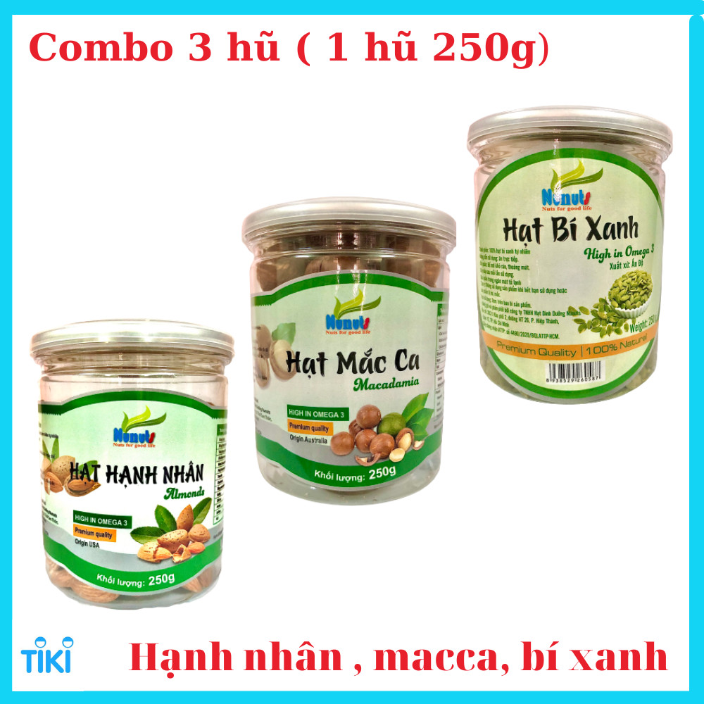 Combo 3 hũ hạt dinh dưỡng Nunuts (hạt hạnh nhân, hạt bí, hạt macca) , đã sấy giòn, ăn liền ( mỗi hũ 250g).