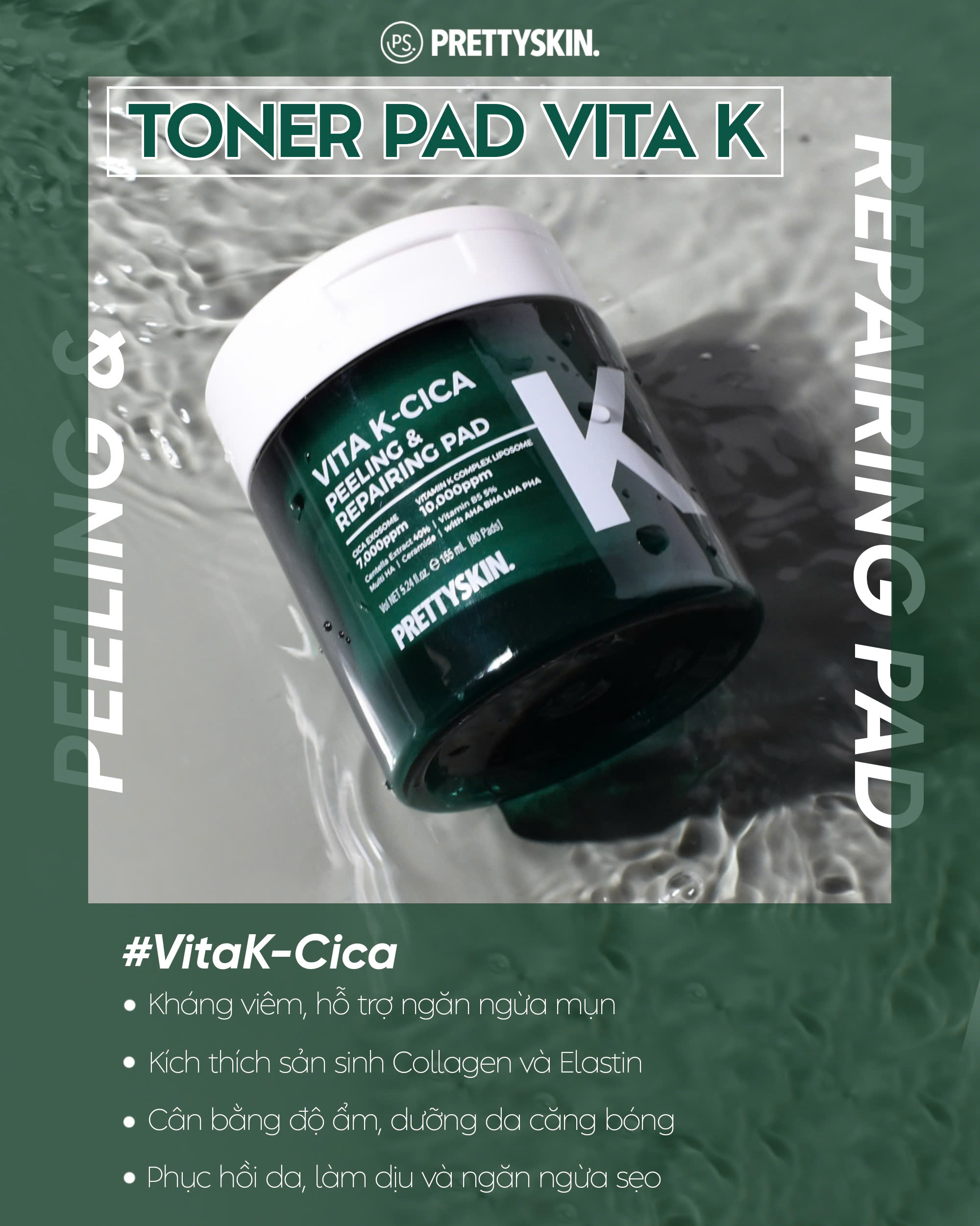 Toner Pad Vita K-Cica Peeling &amp; Repairing Pad Pretty Skin Hàn Quốc 80 miếng