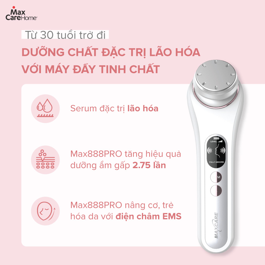 Máy Điện Di Tinh Chất Nóng Lạnh, Máy Massage Mặt Cầm Tay Maxcare MAX888PRO Công Nghệ Điện Châm EMS Kết Hợp Ion Tẩy Trang Sạch Sâu Dưỡng Ẩm Trắng Da Chống Lão Hóa - Máy Mát Xa Đẩy Tinh Chất Matxa Mặt Cổ