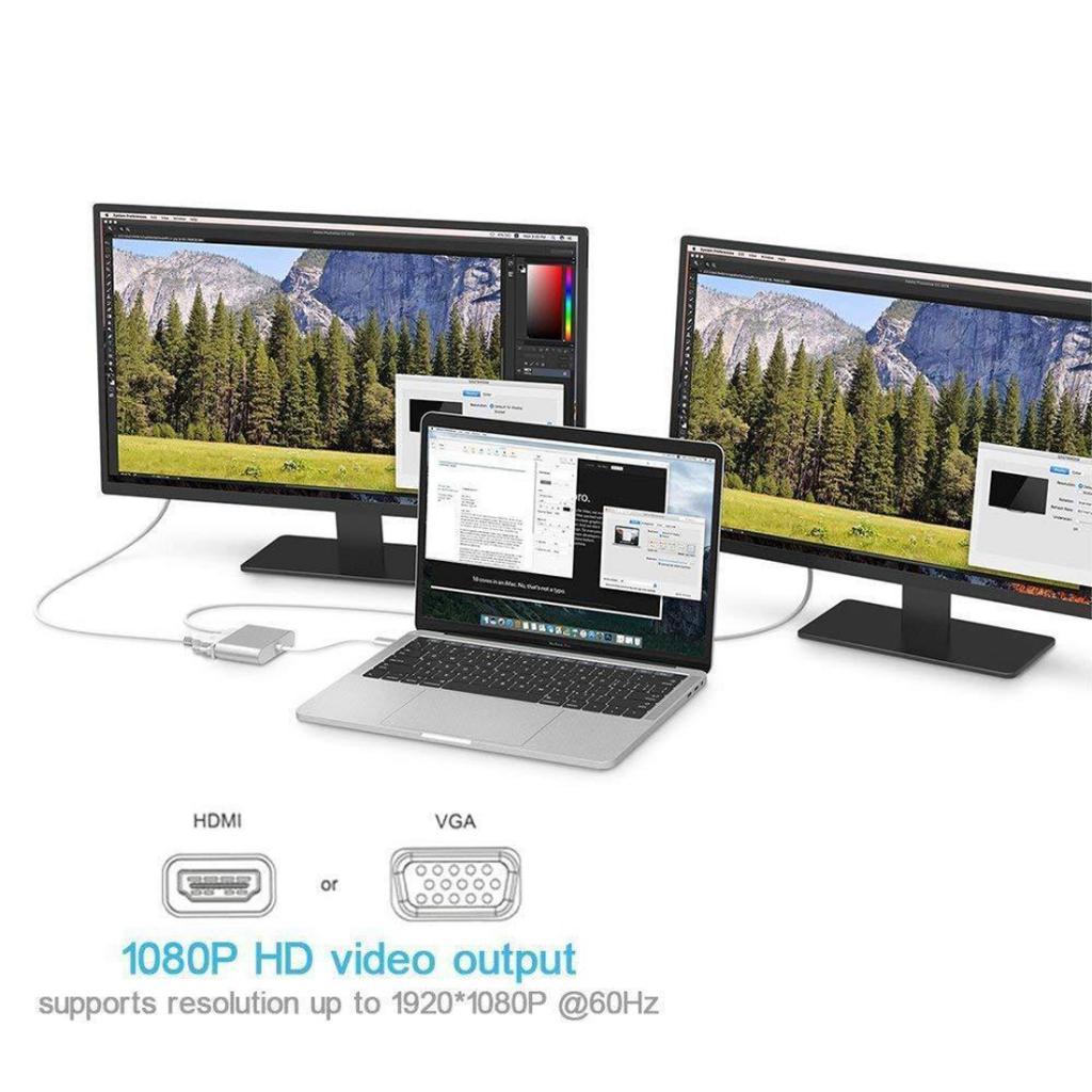 USB-C to  VGA Type-C Hub Adapter Splitter Box for HDTV Silver