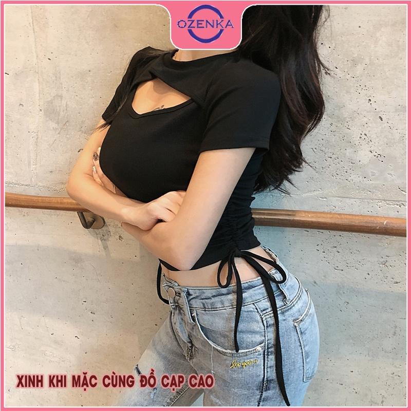 Áo thun croptop nữ ngắn tay dây rút khoét ngực, áo crt ôm body kiểu hàn quốc cổ tròn gợi cảm đen trắng dưới 50kg