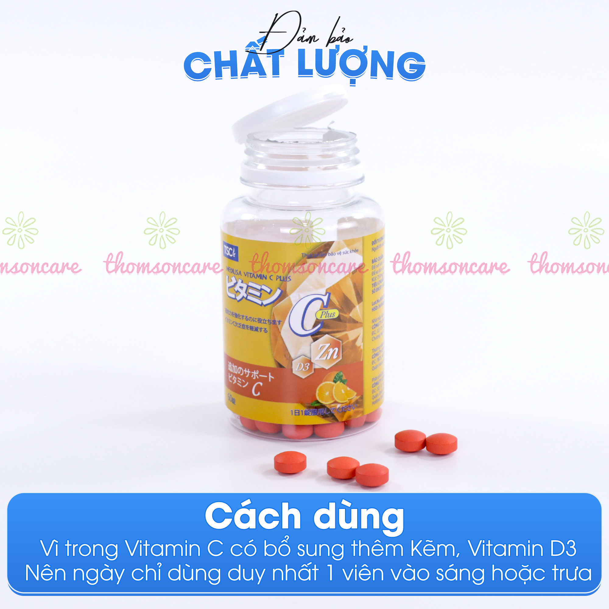 Vitamin C có kẽm Mediusa giúp trắng da, ngừa mụn, tăng đề kháng- Bổ sung vtm C - Hộp 60v Thomsoncare