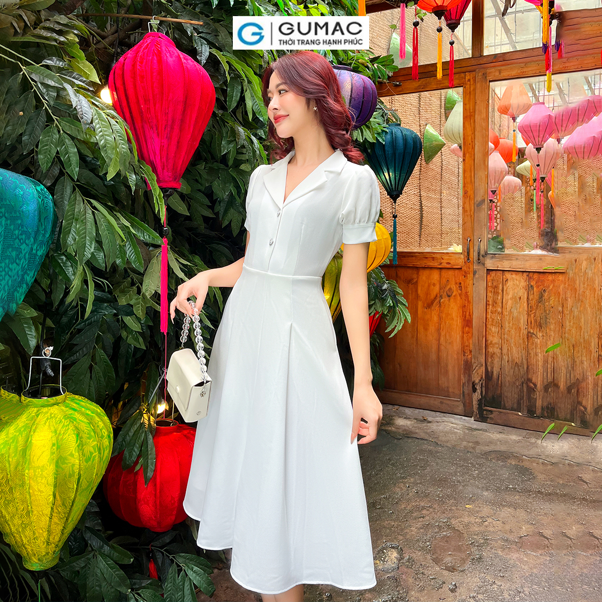 Đầm A xòe tay phồng GUMAC DD08048