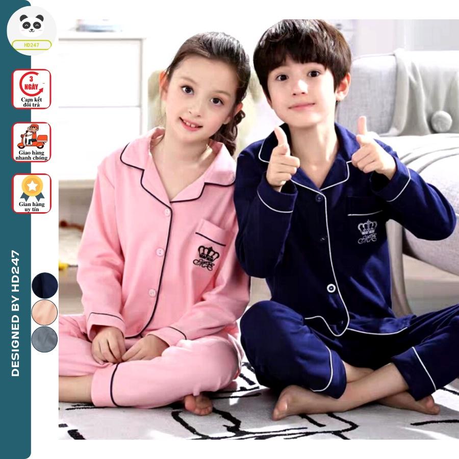 pijama phi lụa mờ dài tay in vương miện cho bé từ 14 đến 40kg 0205