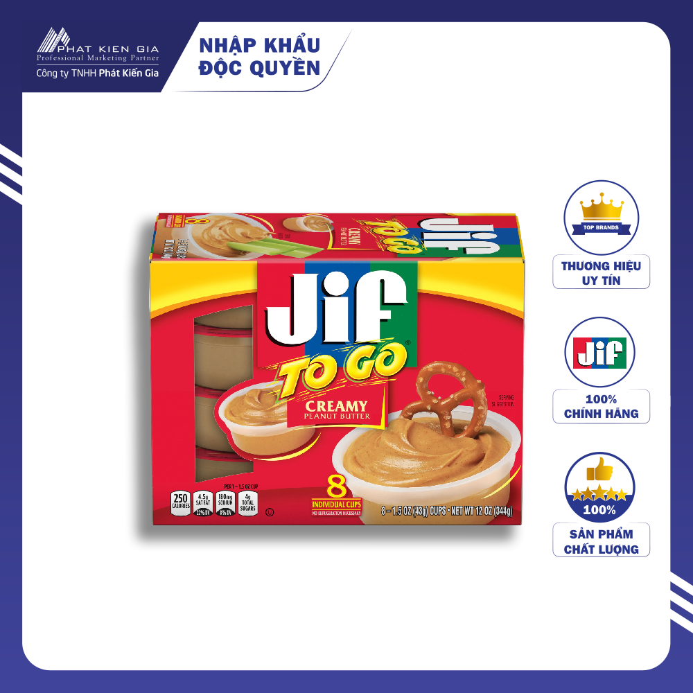 Bơ Đậu Phộng Mịn Jif To Go 344 g (8 cốc x 43 g) (Mỹ)