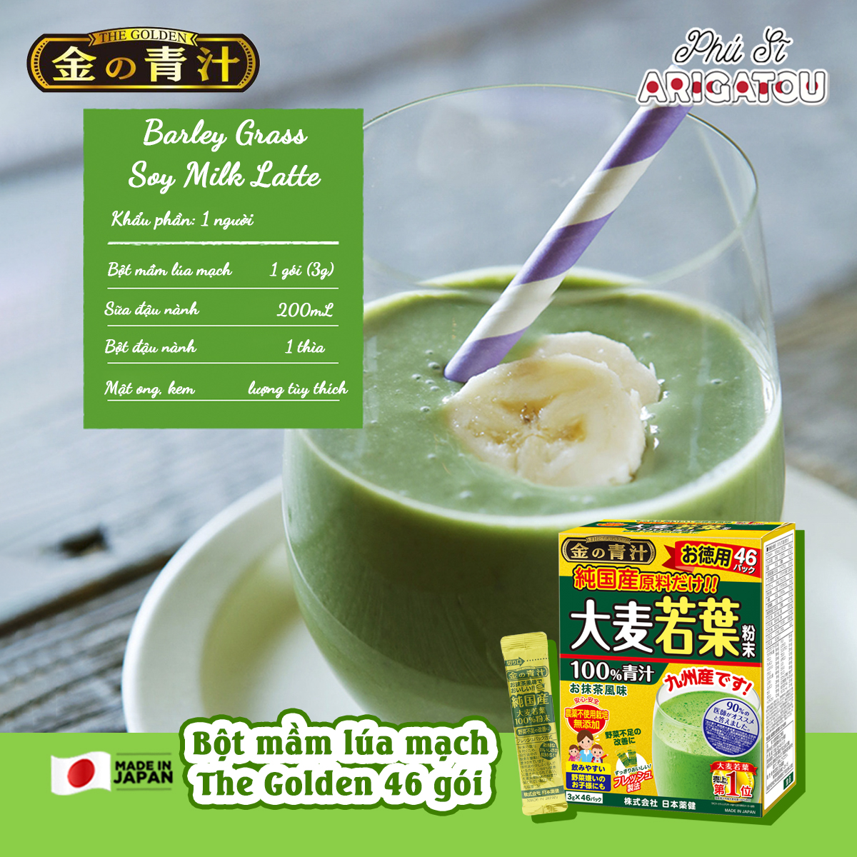 Bột mầm lúa mạch Aojiru nguyên chất The Golden Nihon-Yakken 138g (46 gói x 3g)