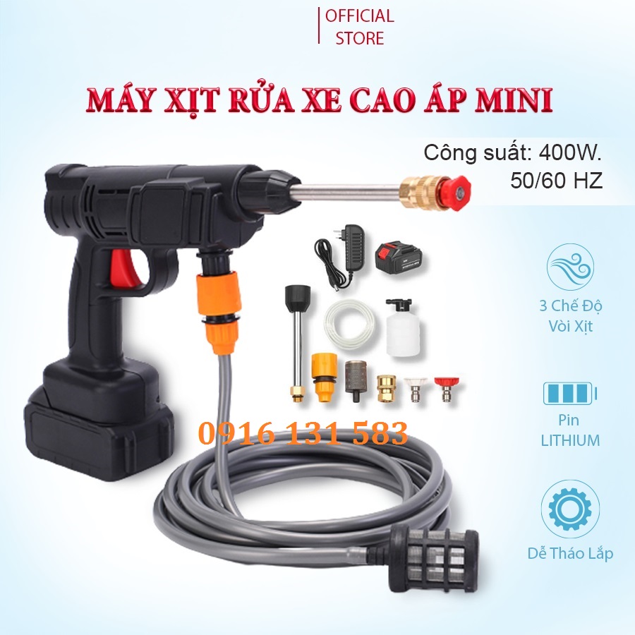 Máy Rửa Xe Cao Áp Mini Melli Cầm Tay Đa Năng Pin Max Lithium 199V Áp Lực Nước Siêu Mạnh Tiện Lợi