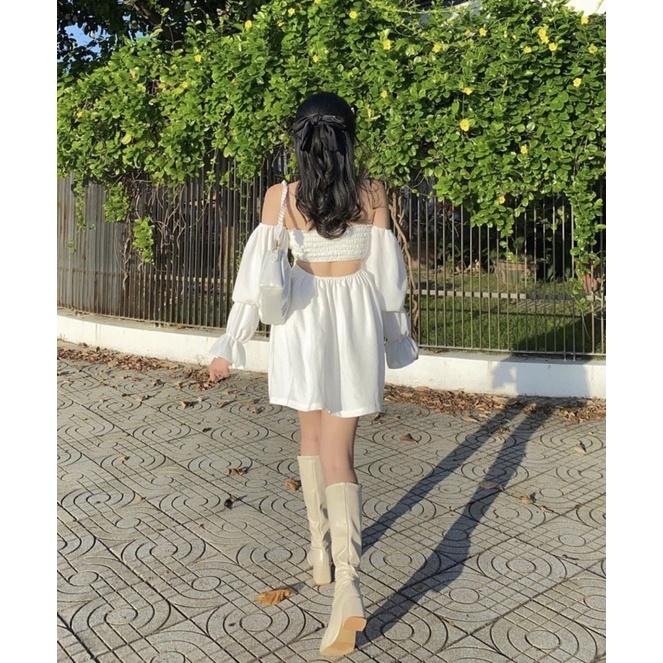 Đầm trễ vai bẹt vai trắng đen xanh
