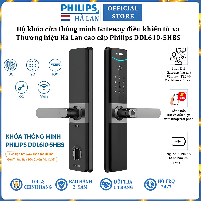 Bộ khóa cửa thông minh Gateway điều khiển từ xa, vân tay, thẻ từ, mật khẩu và chìa cơ Philips DDL610-5HBS - Hàng chính hãng