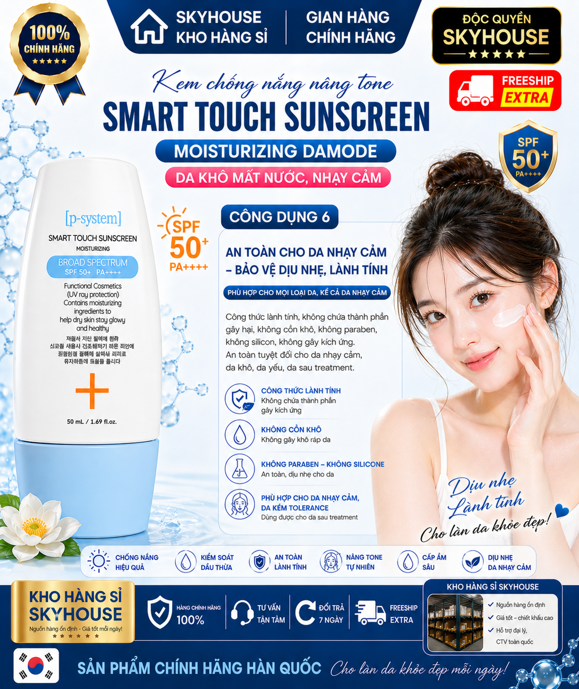 Kem chống nắng nâng tone SMART TOUCH SUNCREEN MOISTURIZING DAMODE chai 50ml da khô mất nước nhạy cảm chính hãng Hàn Quốc