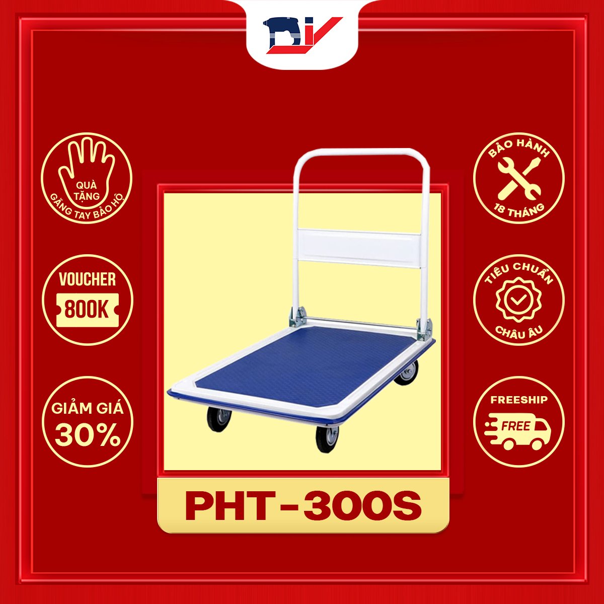 Xe đẩy hàng 4 bánh sàn thép DIY PHT-300S tải trọng tối đa 250kg