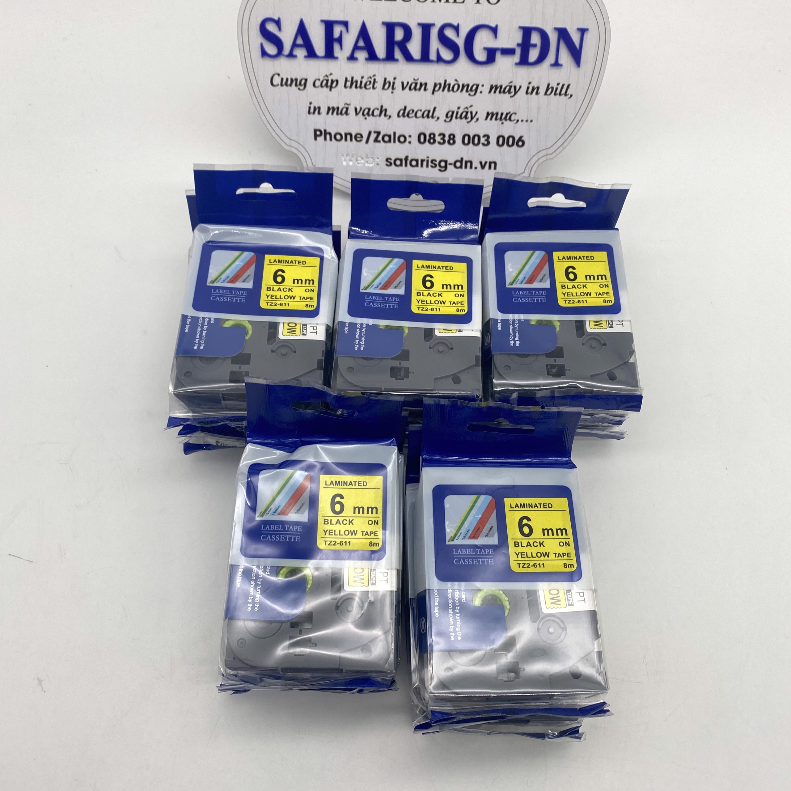 Combo 5 cuộn nhãn in TZ2-611 tiêu chuẩn - Chữ đen trên nền vàng 6mm - Hàng nhập khẩu