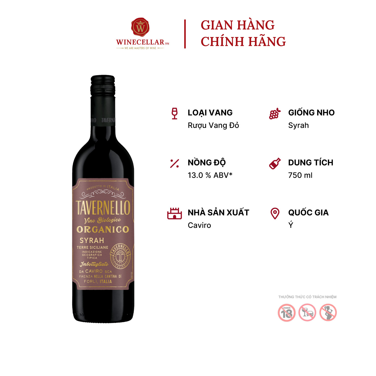 Rượu Vang Đỏ Tavernello Organico Syrah Terre Siciliane - Nhập Khẩu Chính Hãng